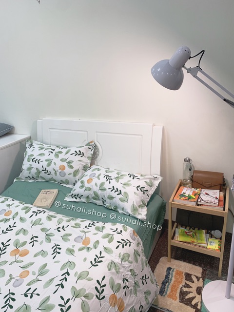 Bộ chăn ga giường cotton poly hoa lá xanh Suhali Shop, vỏ chăn mền, drap nệm và 2 vỏ gối