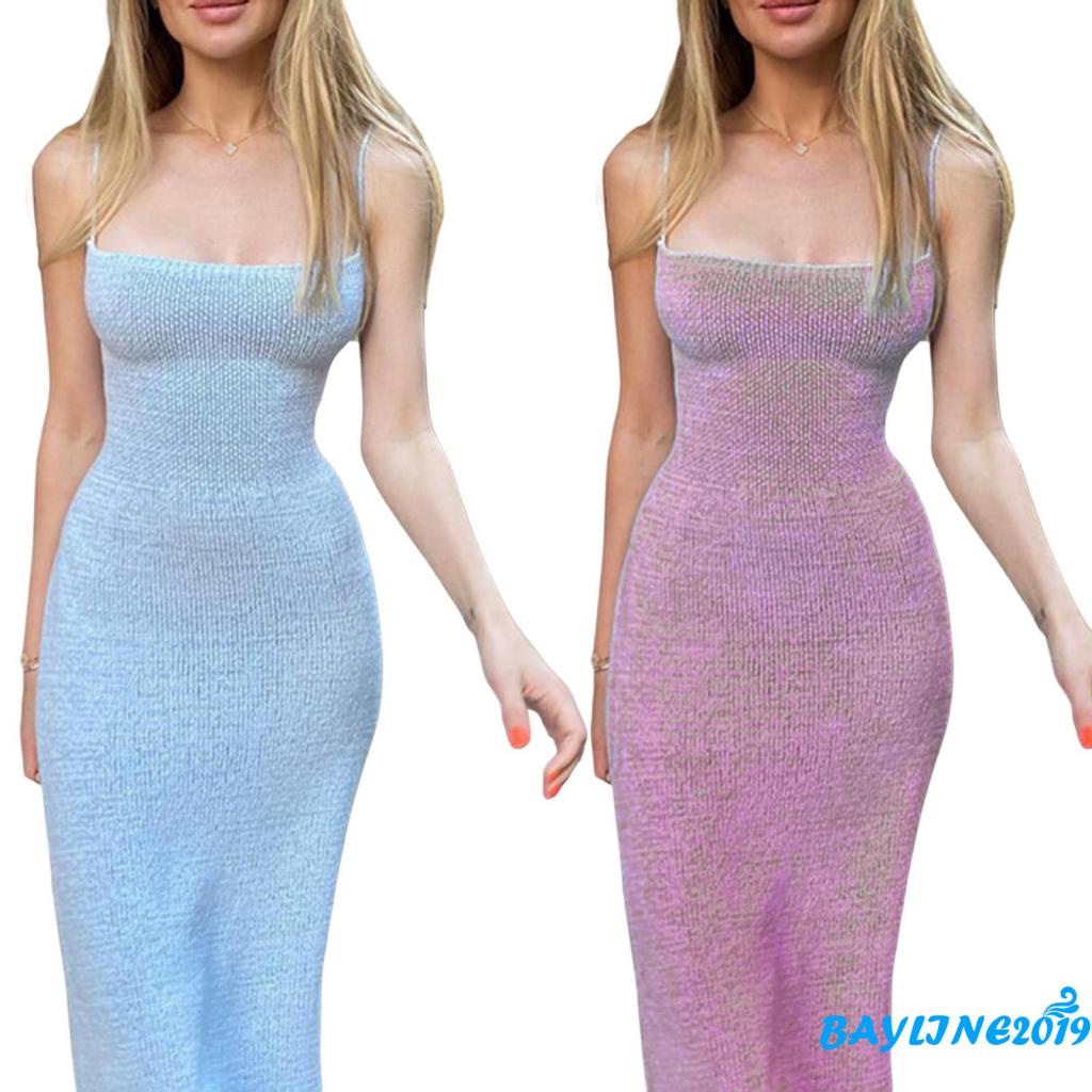 BAY-Women Close-fitting Solid Color One-piece, Spaghetti Strap Sleeveless Slit Dress, S/ M/ L