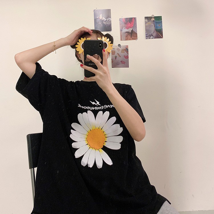 Áo thun nữ cổ tròn ngắn tay mùa hè Hàn Quốc dáng rộng in hình hoa cúc