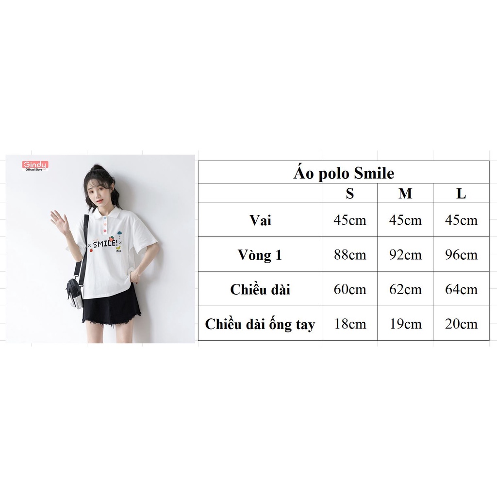 Áo thun phông nữ polo GINDY Smile cổ bẻ cotton tay lỡ basic phong cách unisex vải cotton thoáng mát A8108