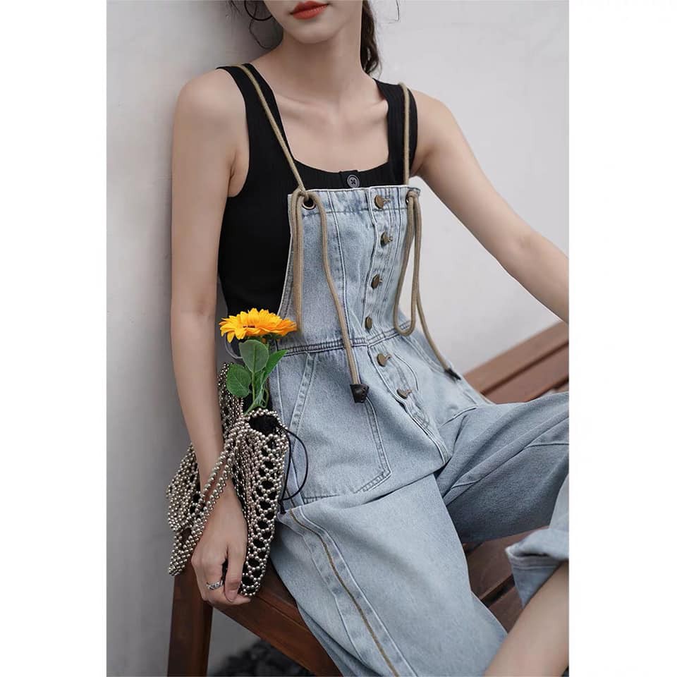Quần yếm jean phối nút cột dây cách điệu, freesize đơn giản nhưng siêu dễ thương cho nữ, phong cách trẻ trung, năng động