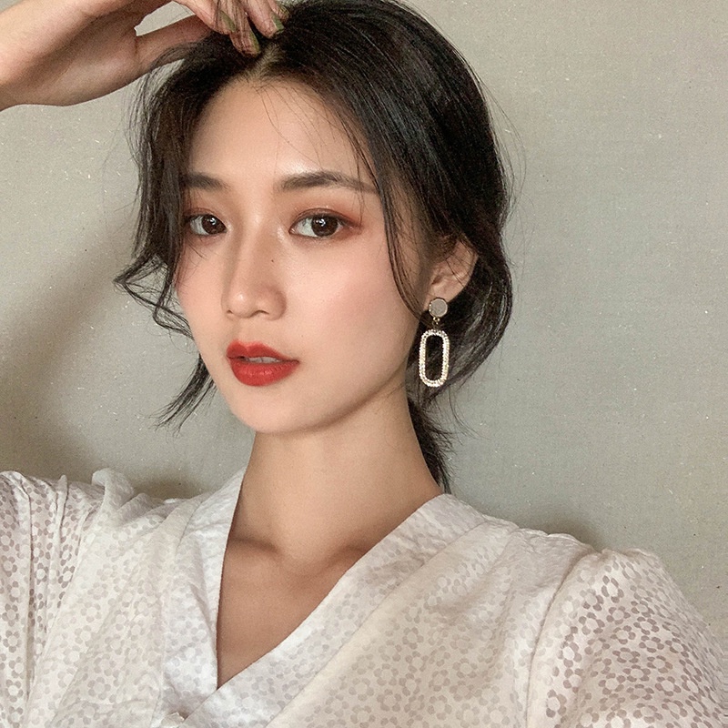 Khuyên Tai Hình Oval Đính Đá Lấp Lánh Phong Cách Nhật Hàn