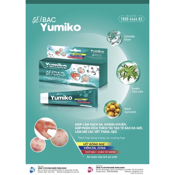 Gel bạc Yumiko kháng khuẩn, tái tạo da, ngừa thâm sẹo, an toàn cho trẻ sơ sinh tuýp 25g