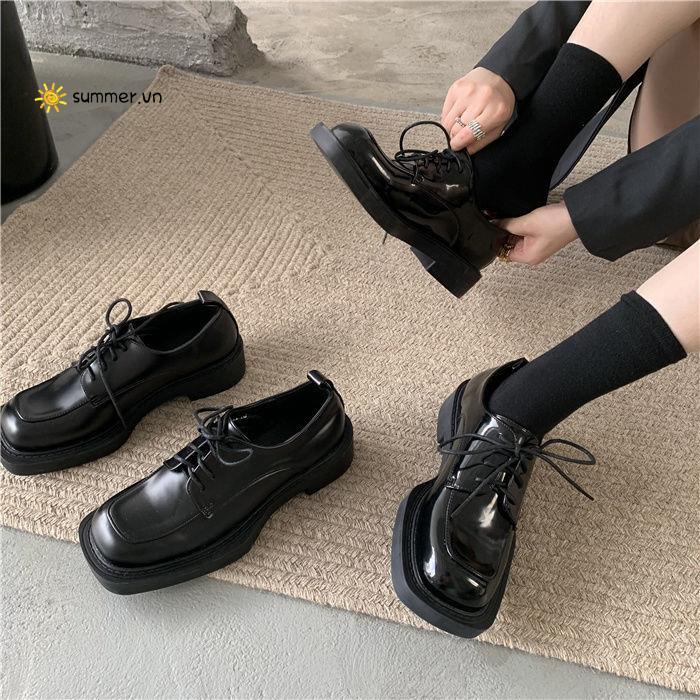 Giày Da Mũi Vuông Cột Dây Phong Cách Anh Quốc Thời Trang 2022 Cho Nữ