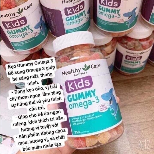 Kẹo gum mềm omega 3 cho bé từ 2 tuổi healthy care kids gummy omega 3 250 viên úc, giúp bé sáng mắt, thông minh