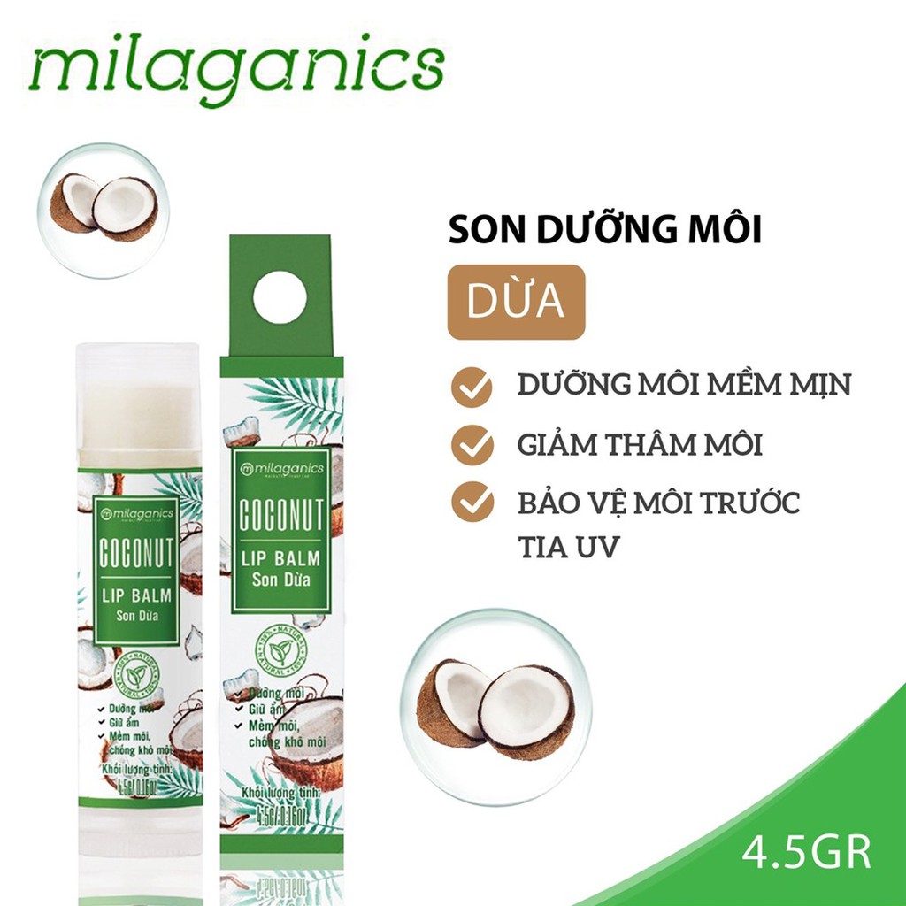 SON DƯỠNG MÔI DỪA DƯỠNG ẨM, GIẢM THÂM MÔI COCONUT LIP BLAM MILAGANICS 4.5 GRAM