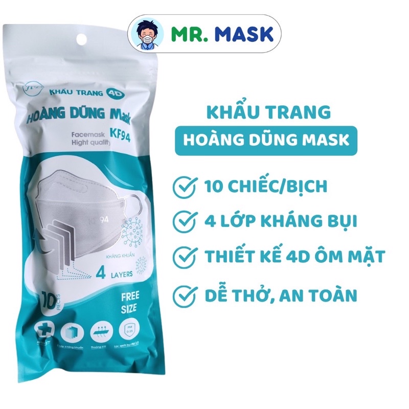 Khẩu Trang Y Tế 4D KF94 Hoàng Dũng Mask Chính Hãng, 4 Lớp Kháng Khuẩn, Tiêu Chuẩn Hàn Quốc, 10 Chiếc/Túi