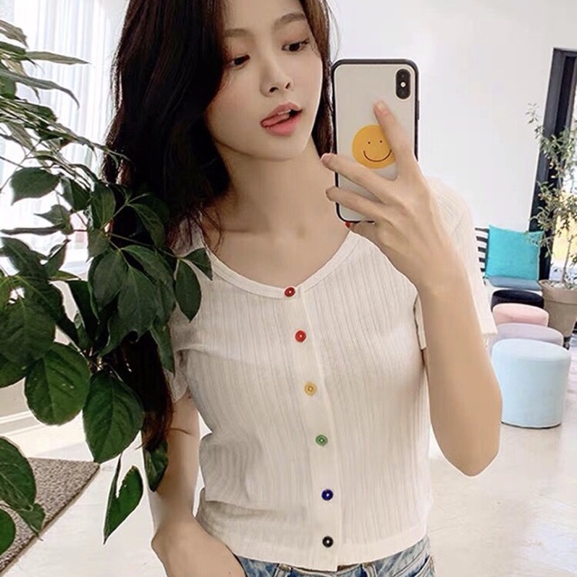 Áo Croptop nữ Ulzzang trơn body dính cúc màu | BigBuy360 - bigbuy360.vn