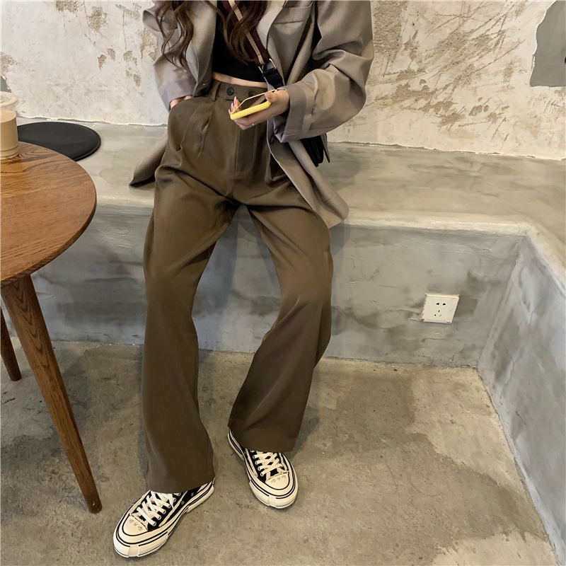 SUXI Quần Dài Lưng Cao Ống Rộng Phong Cách Vintage Hàn Quốc