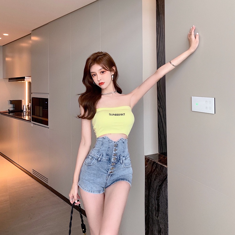 Quần Short Jean Mỏng Lưng Cao Dáng Ôm Phối Hàng Nút Kiểu Retro Hồng Kông Cá Tính