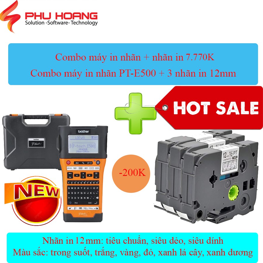 Combo máy in nhãn Brother PT-E500VP và Combo tương thích 3 nhãn in Pze/Tz2/Hze khổ 12mm