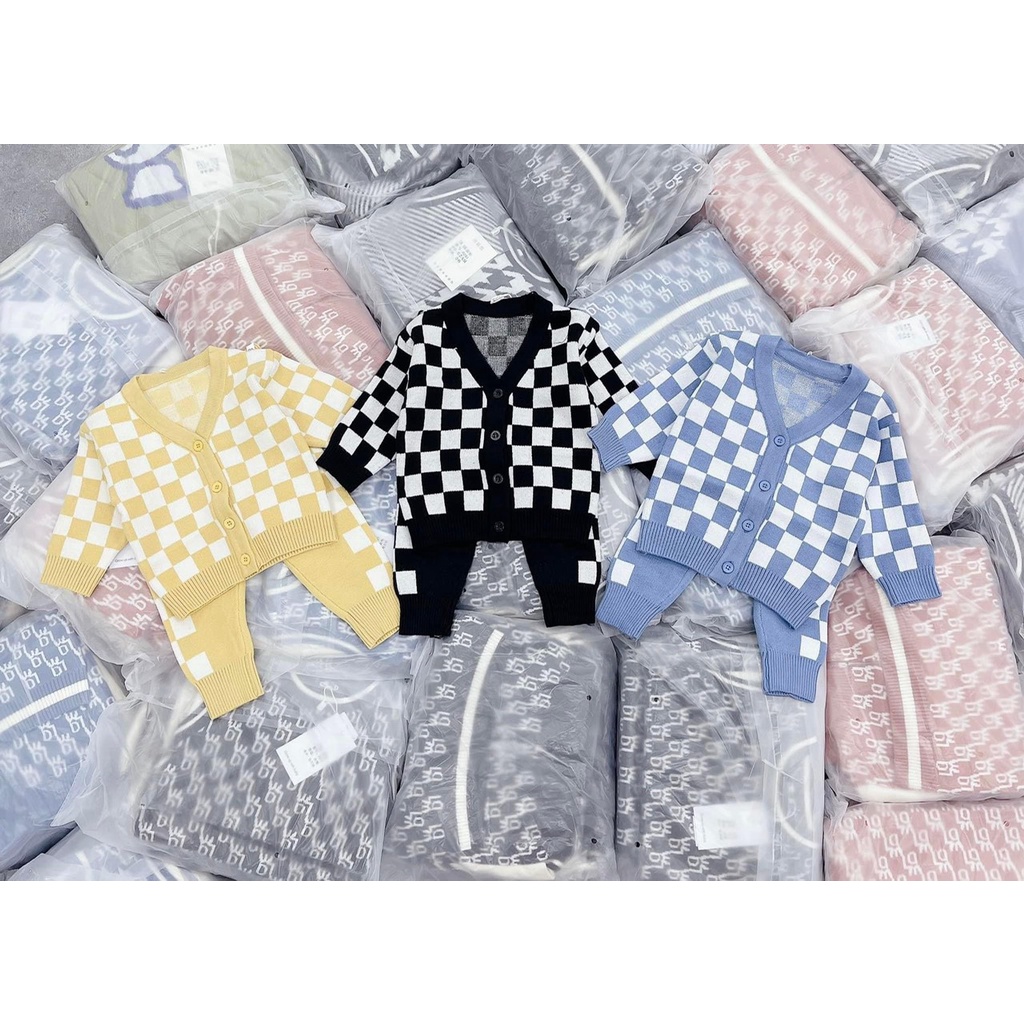 Bộ Len Kẻ Cara Cổ Tim Cho Bé Trai Size 66-90, Đồ Bộ Len Hàng Quảng Châu 0-3 tuổi