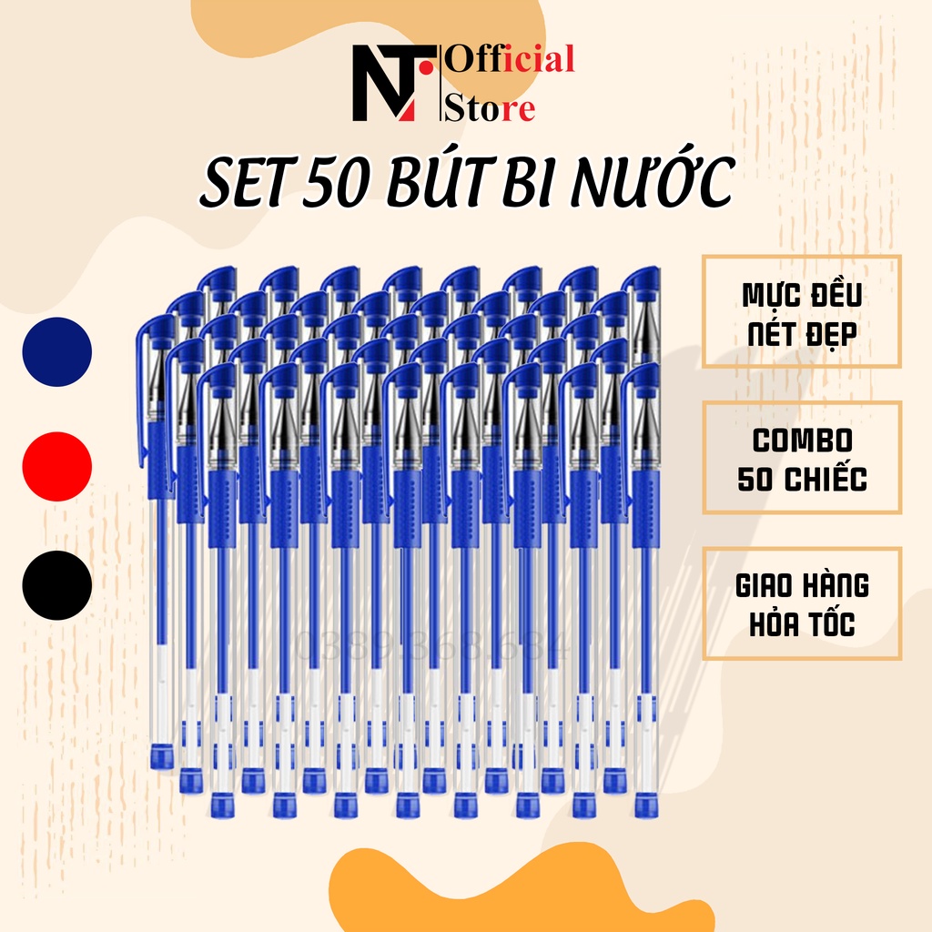 Set 50 chiếc Bút bi nước, mực đều nét chữ đẹp đủ màu xanh đen đỏ - NT Store