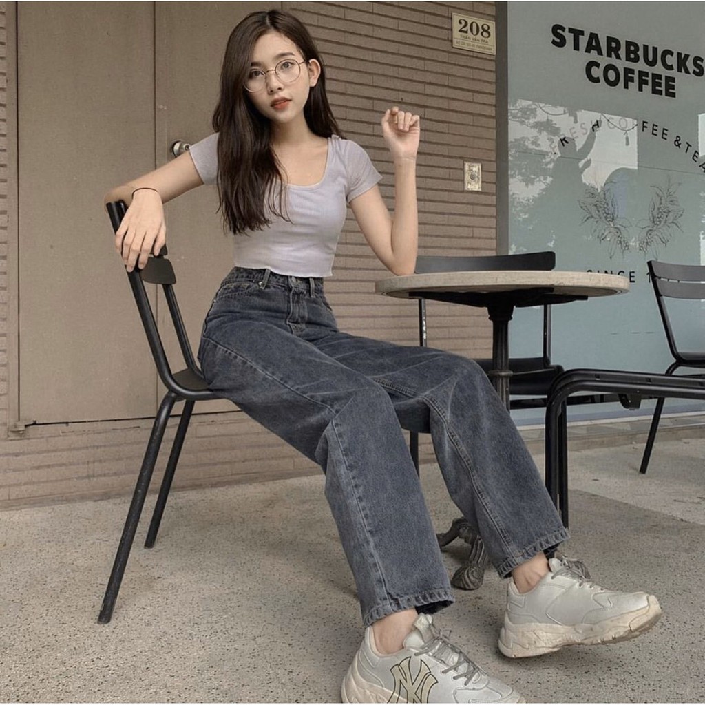 QUẦN JEAN DÀI ỐNG RỘNG LƯNG CAO XÁM ĐEN TRƠN BASIC - QUẦN BÒ NỮ CULOTTES SUÔNG 60