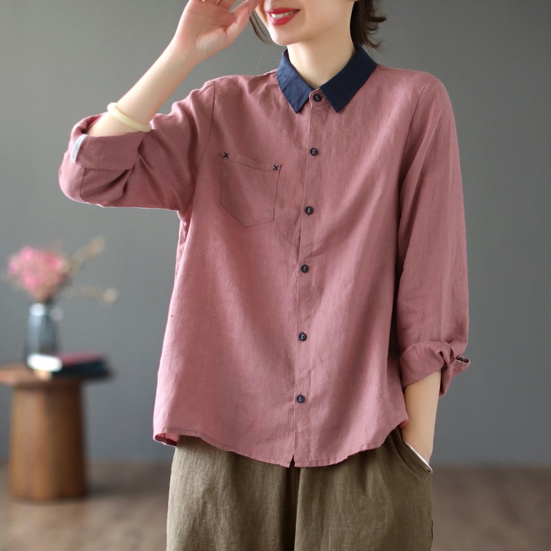 Áo kiểu bằng cotton lanh mát tay dài thời trang nữ