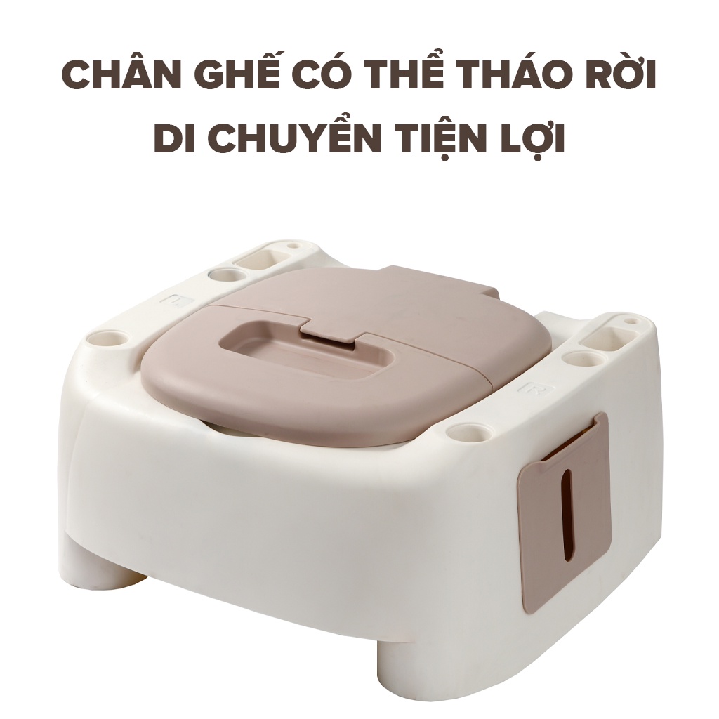 Bô vệ sinh người già, bà bầu, ghế vệ sinh có tựa  di động kê sát giường, phòng ngủ chịu lực 960KG  có thể nâng hạ 2 nấc