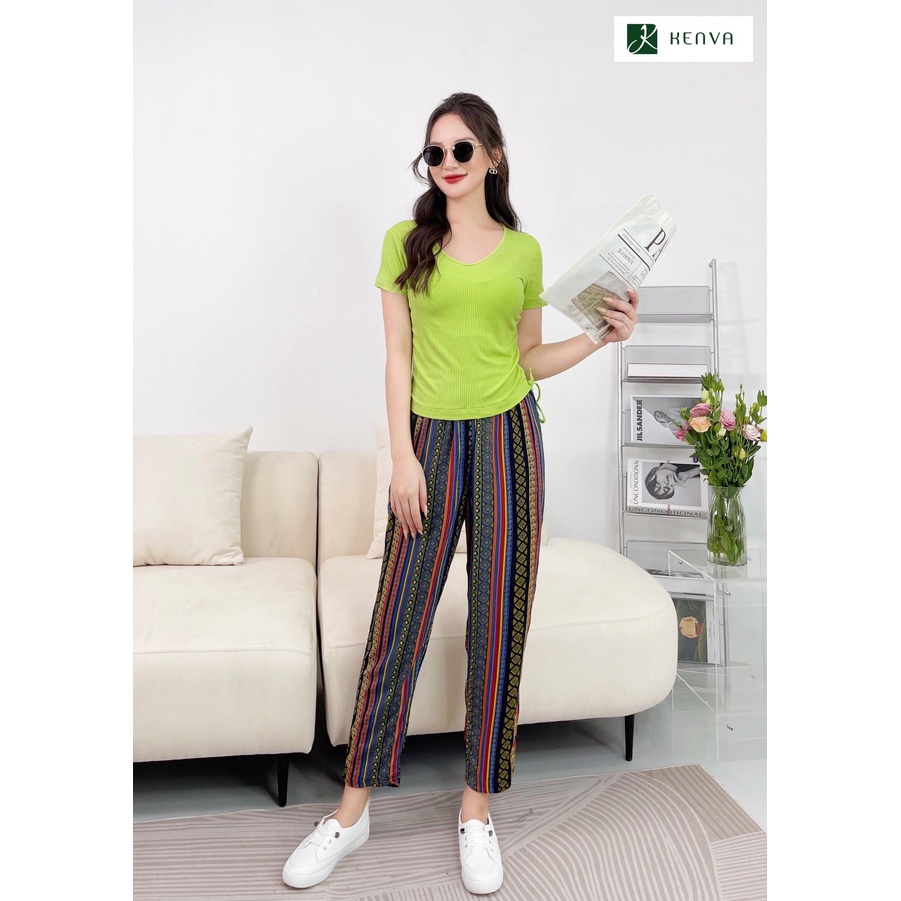 Bộ đồ mặc nhà Kenva, Set tách rời bộ đồ mặc nhà, đi chơi áo thun cộc trơn cổ tim rút chun, quần lanh thổ cẩm độc đáo