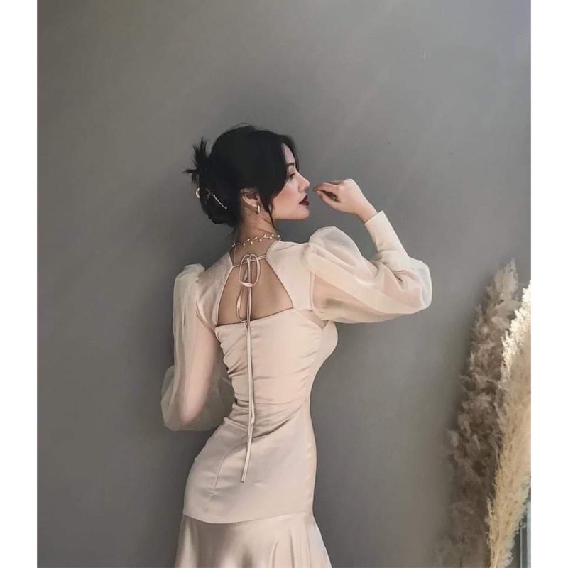 GRACE DRESS - ĐẦM LỤA MAXI XẺ TÀ PHỐI TAY LƯỚI