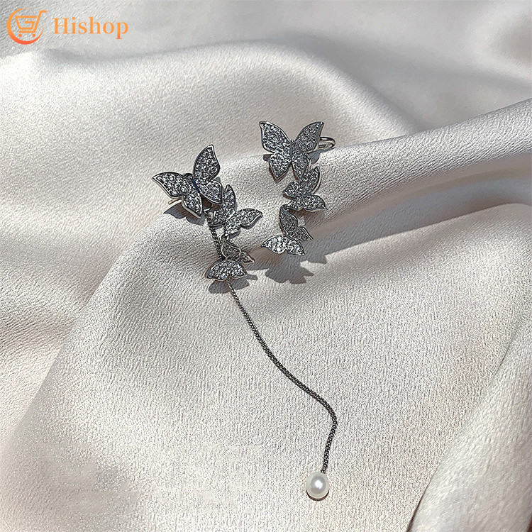 Khuyên tai bạc 925 hình cánh bướm đính đá và ngọc trai giả