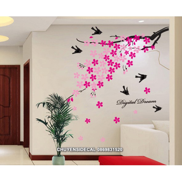 Decal dán tường - Cành Cây Hồng sen chim đen mới