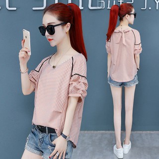 Áo thun nữ cổ thuyền tay lửng phối bèo họa tiết caro thắt nơ lưng xinh xắn