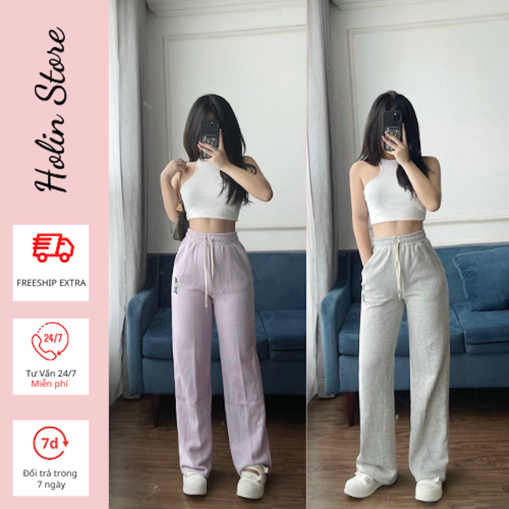 Quần Nỉ Nữ Dài Ống Rộng Cạp Chun Set 2 Quần Nỉ Bông Dáng Suông Vải Dày Dặn Phù Hợp Cho Mùa Thu Đông