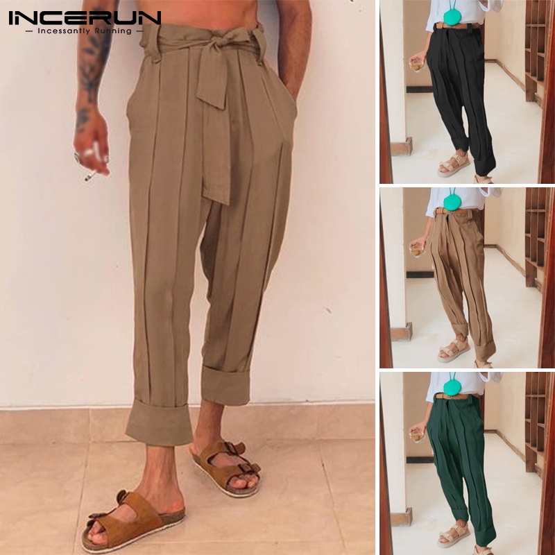 Quần Harem INCERUN dáng rộng eo cao màu trơn có thắt lưng buộc phong cách retro thời trang cho nam