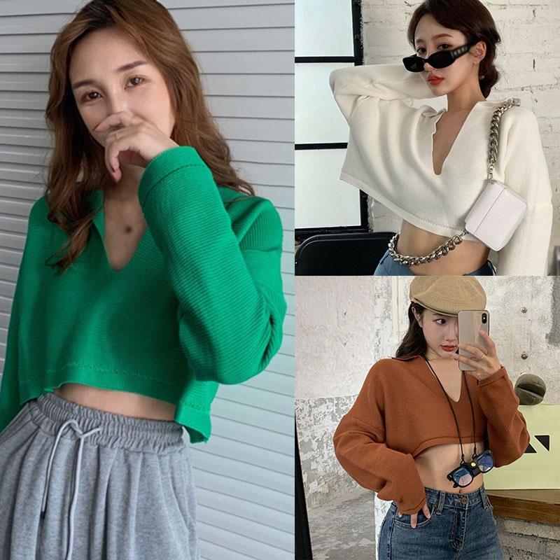 Áo Croptop Dệt Kim Tay Dài Thiết Kế Cổ Chữ V Màu Trơn Thanh Lịch