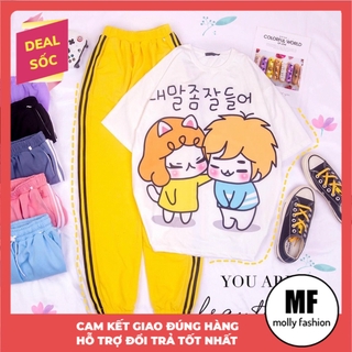 Đồ bộ hoạt hình quần Jogger trơn 2 sọc COUPLE Freesize dành cho nam nữ Molly Fashion