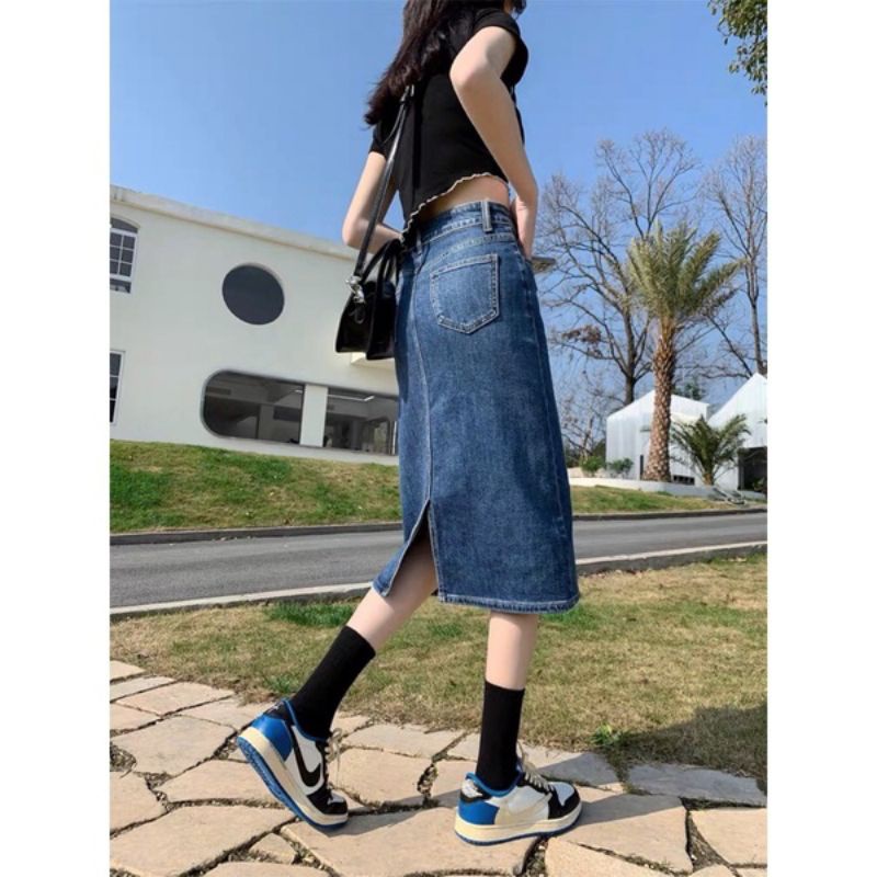Chân Váy Jeans Cạp Cao Xẻ Sau Phòng Cách Hàn Quốc mã VD01