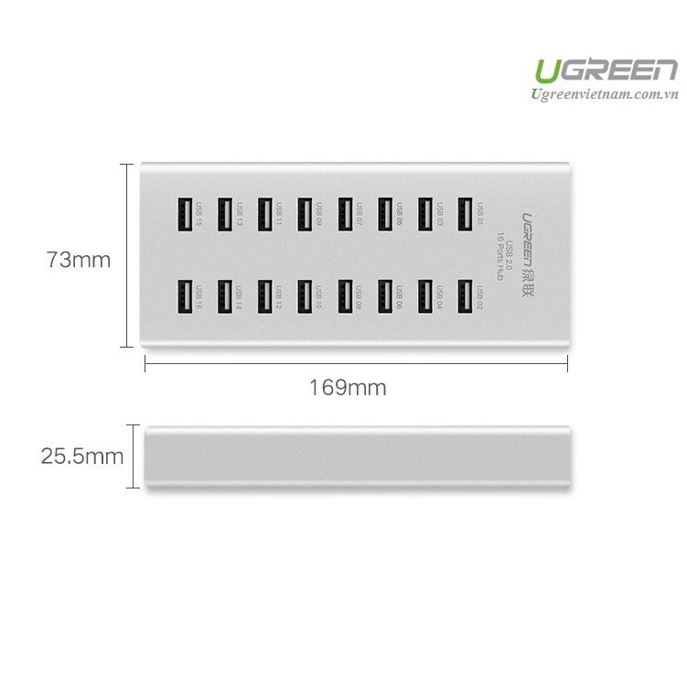 Bộ chia USB 2.0 ra 16 cổng hỗ trợ nguồn ngoài DC 12V chính hãng Ugreen 20298 cao cấp