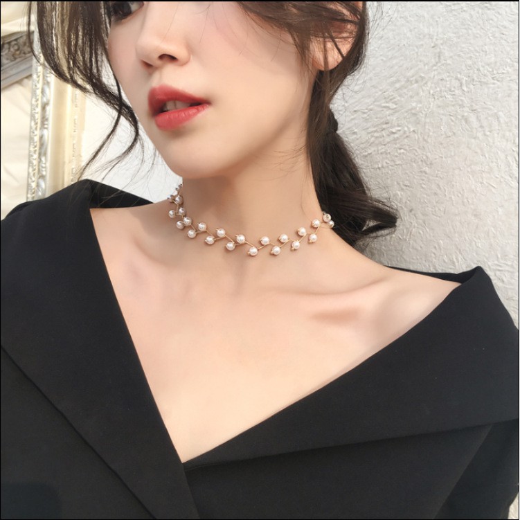 Vòng cổ nữ Hàn Quốc chuỗi ngọc nhân tạo ngắn đơn giản dây chuyền nữ kiểu dáng dễ thương
