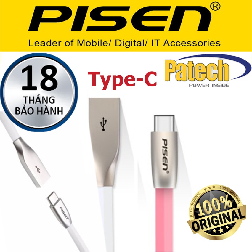 Cáp Type-C chính hãng Pisen Zinc Alloy, Patech phân phối, Bảo hành Toàn Quốc 18 tháng