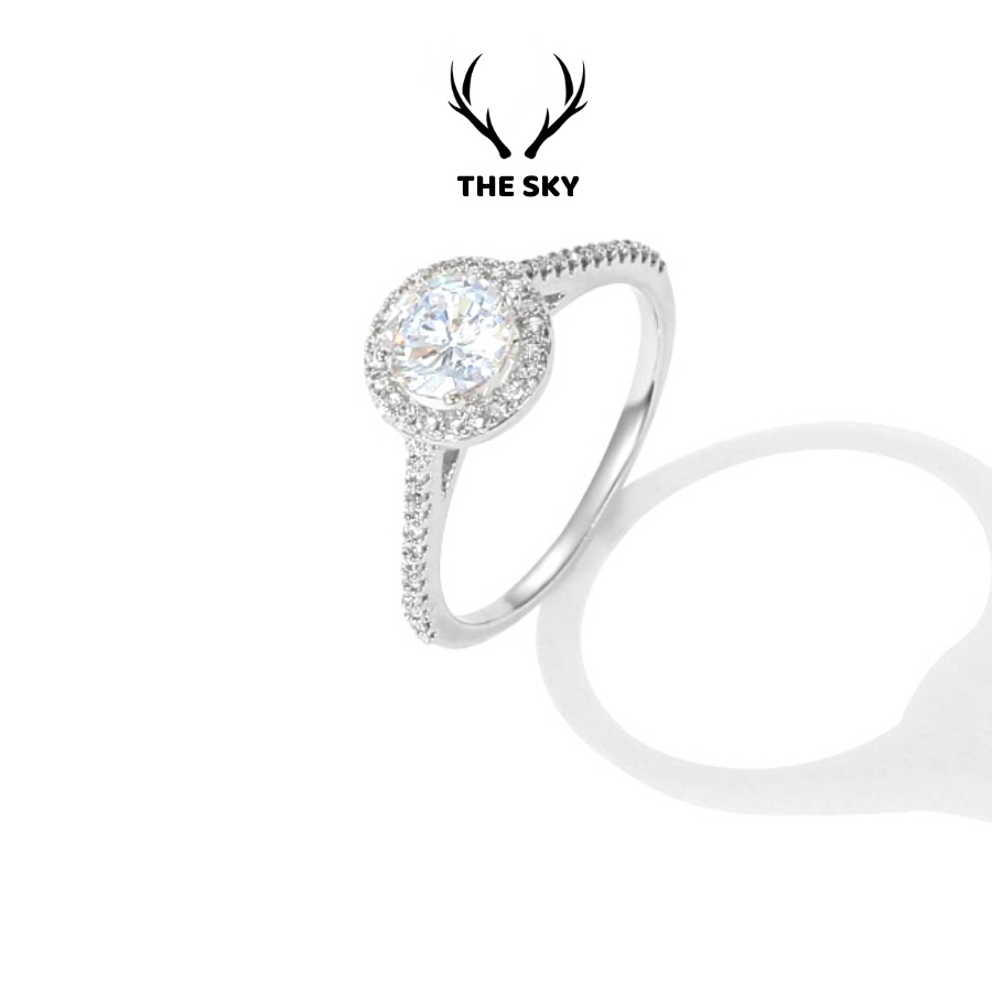 Nhẫn bạc nữ THE SKY NB02 mặt tròn đính đá sáng lấp lánh, nhẫn bạc ta hàng thiết kế hot trend