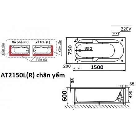 Bồn Tắm Chân Yếm Nằm 1.5M CAESAR AT2150L/R CHÍNH HÃNG( CÓ HÌNH THẬT )