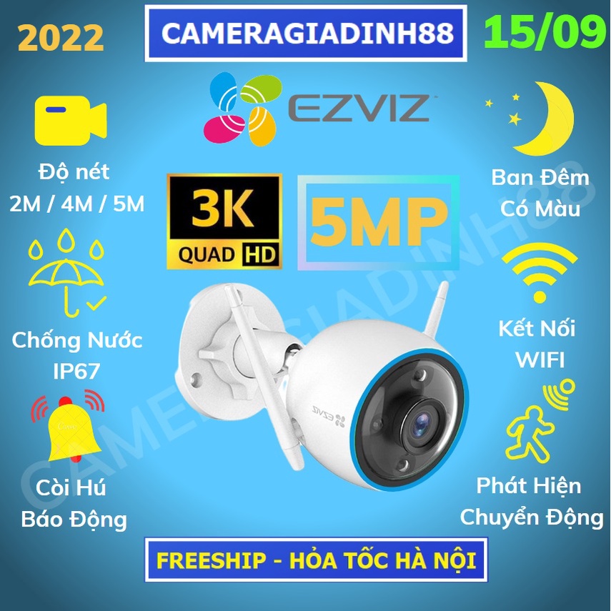 Camera WIFI Ngoài Trời  Ezviz C3W C3TN H3 Pro 2mp 3mp 5mp 1080P 2K 3K, Camera Màu Ban Đêm Chính Hãng 24TH