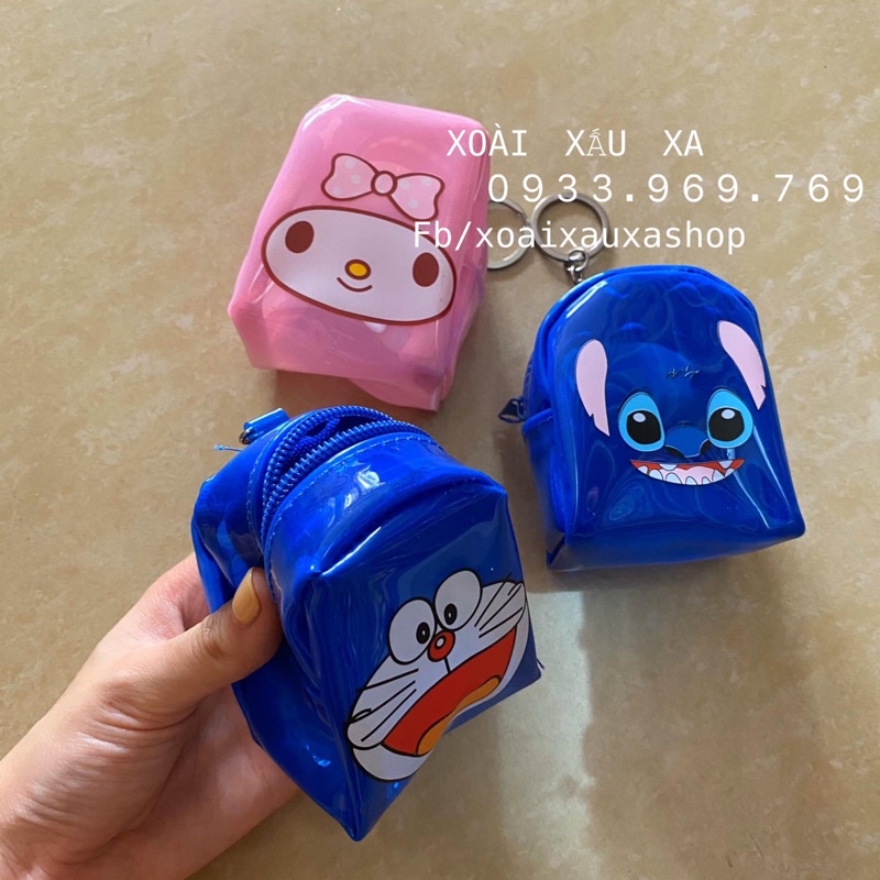 móc khoá ví tiền dây kéo hoạt hình stitch, doraemon, melody dễ thương