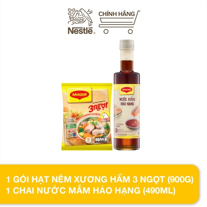 Combo 2 Maggi: 1 gói hạt nêm xương hầm 3 ngọt gói 900g + 1 chai nước mắm hảo hạng chai thủy tinh 490ml