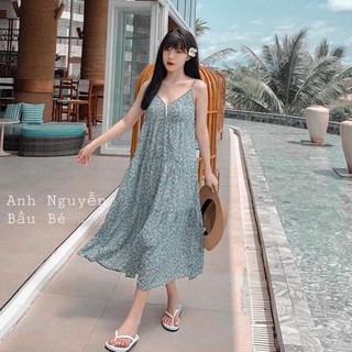 [hàng sẵn] VÁY SUÔNG 2 DÂY HOA NHÍ KIỂU DÁNG ĐẦM 2 DÂY XOÈ TẦNG HỌA TIẾT HOA XANH - ĐẦM BẦU