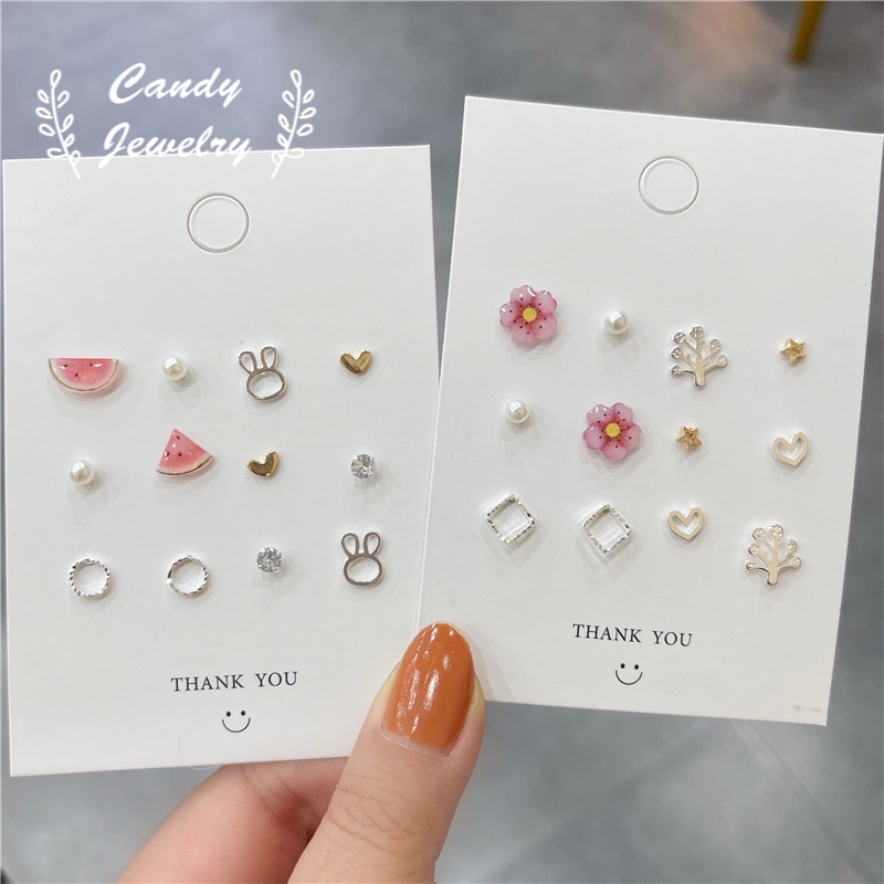 Set 5/6 Đôi Bông Tai Mạ Bạc 925 Họa Tiết Hoa/Dưa Hấu Hoạt Hình Đính Ngọc Trai Nhân Tạo Thời Trang