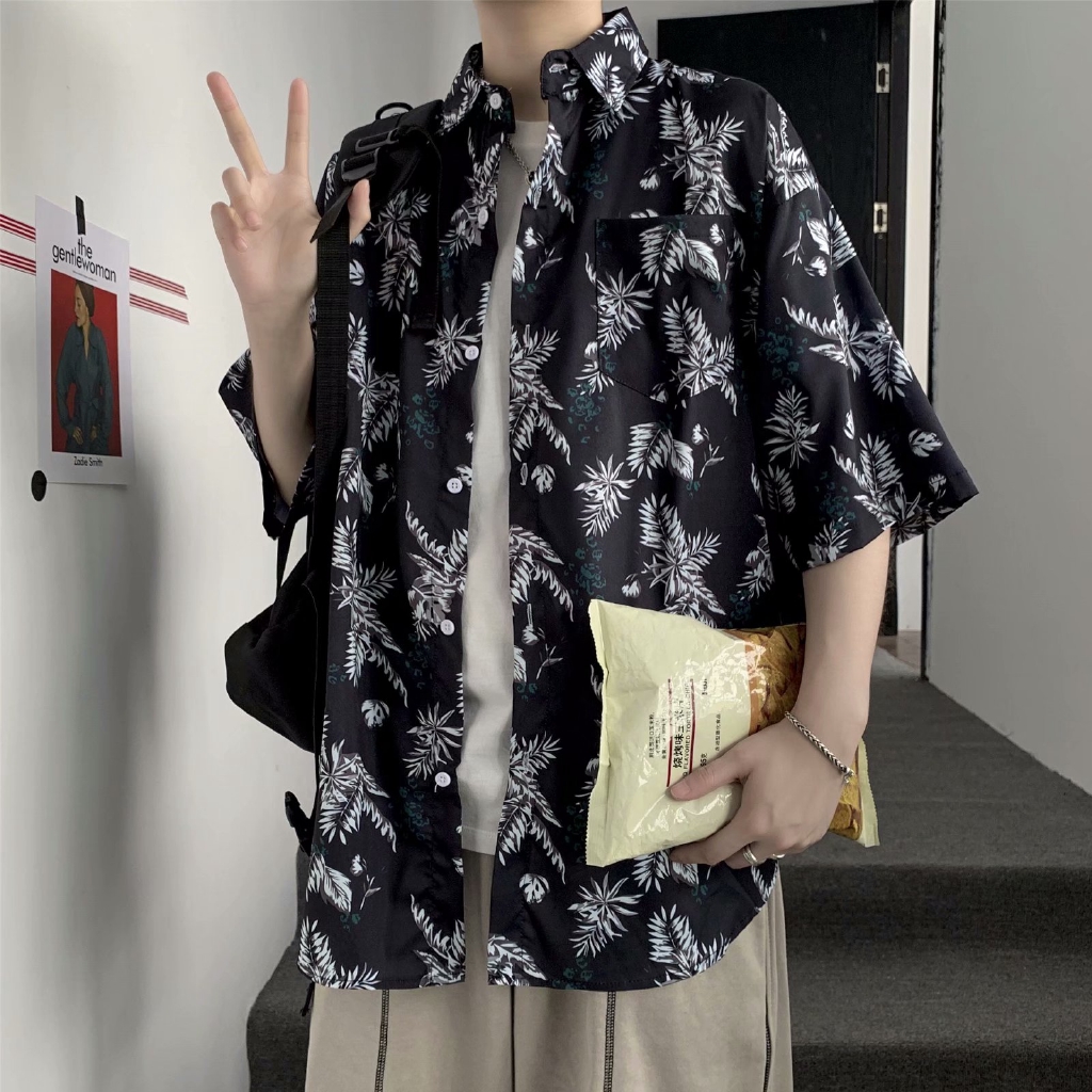 Hawaiian Style Tree Leaf Print Men's Short Sleeve Shirt