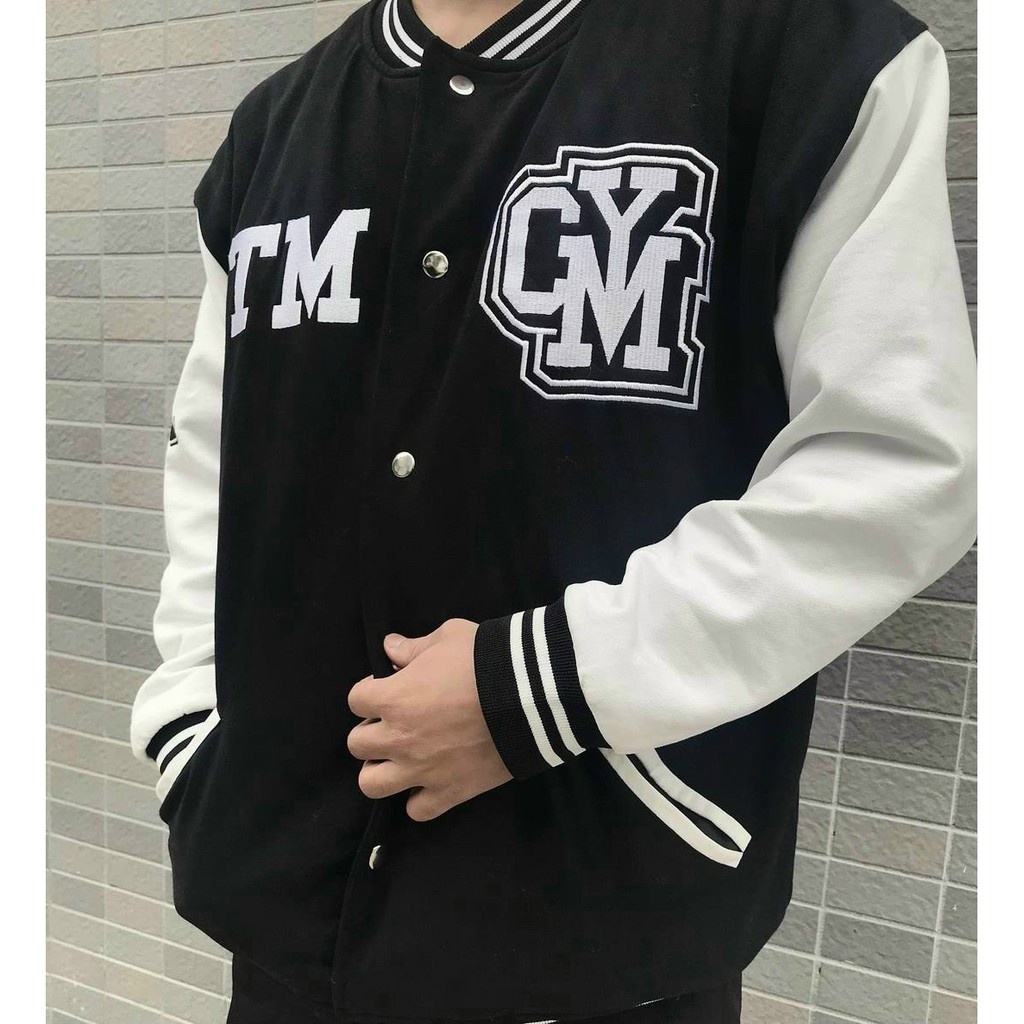 Áo khoác dù bomber unisex in chữ TM GYM phối, nút bấm, áo gió kiểu mới
