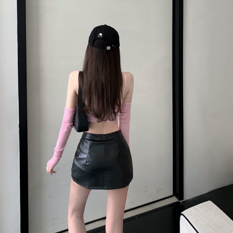 Chân Váy Da PU Lưng Thấp Dáng Chữ V Xẻ Tà Phong Cách Retro Mỹ Quyến Rũ Cho Nữ