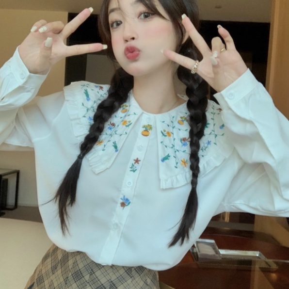 ZHELIHANGFEI Áo Sơ Mi Tay Dài Dáng Rộng Cổ Búp Bê Thêu Họa Tiết Xinh Xắn Phong Cách Nhật Bản
