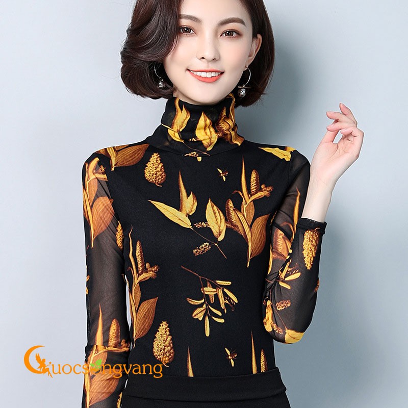 Áo thun lưới in lá vàng áo kiểu cổ lọ GLA244 Cuocsongvang