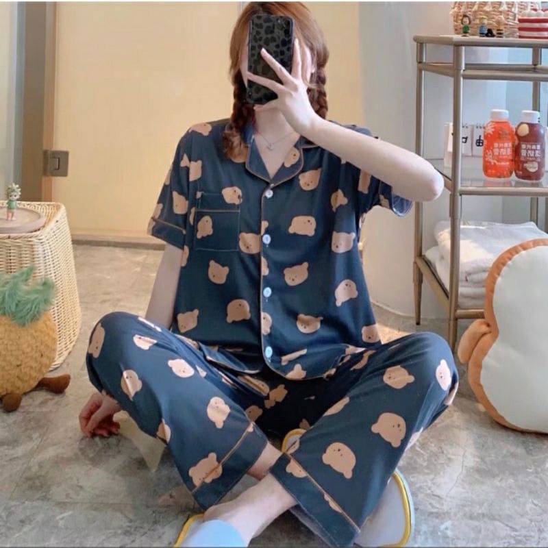 BỘ PYJAMA NỮ TAY CỘC CHẤT LỤA THÁI, SET ĐỒ NỮ MẶC NHÀ HÀN QUỐC