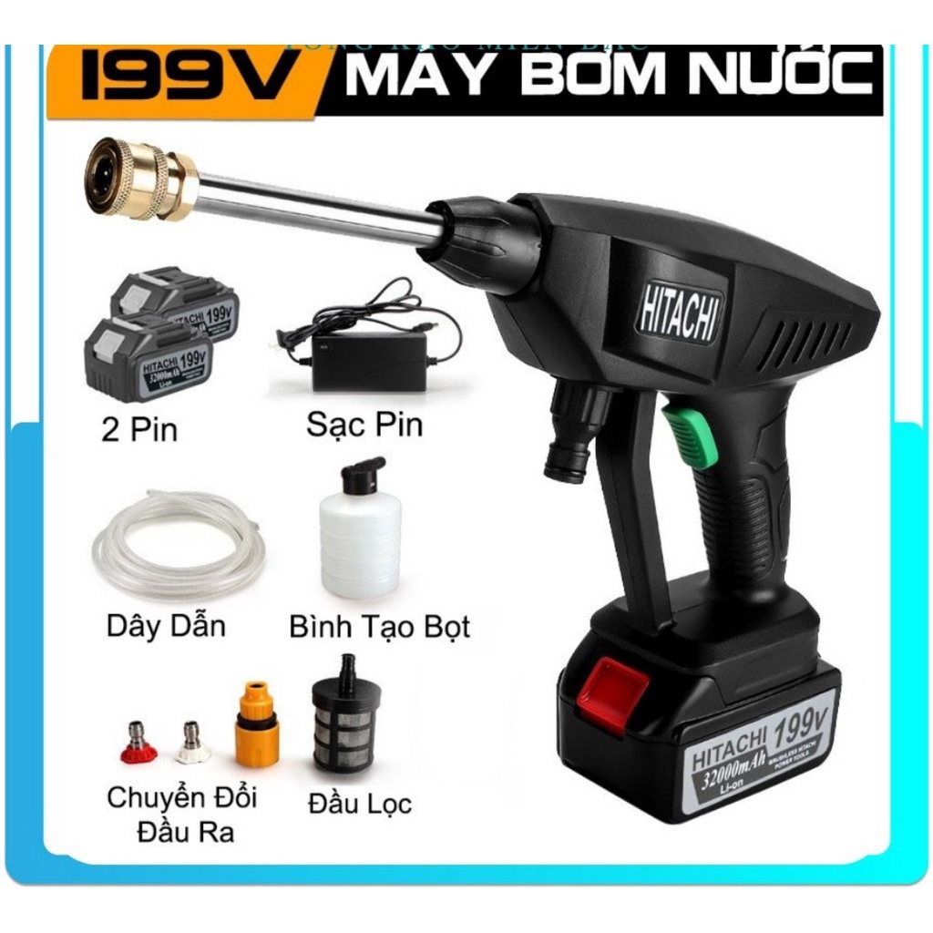 Máy rửa xe dùng pin Mini - Máy rửa xe tăng áp Hitachi