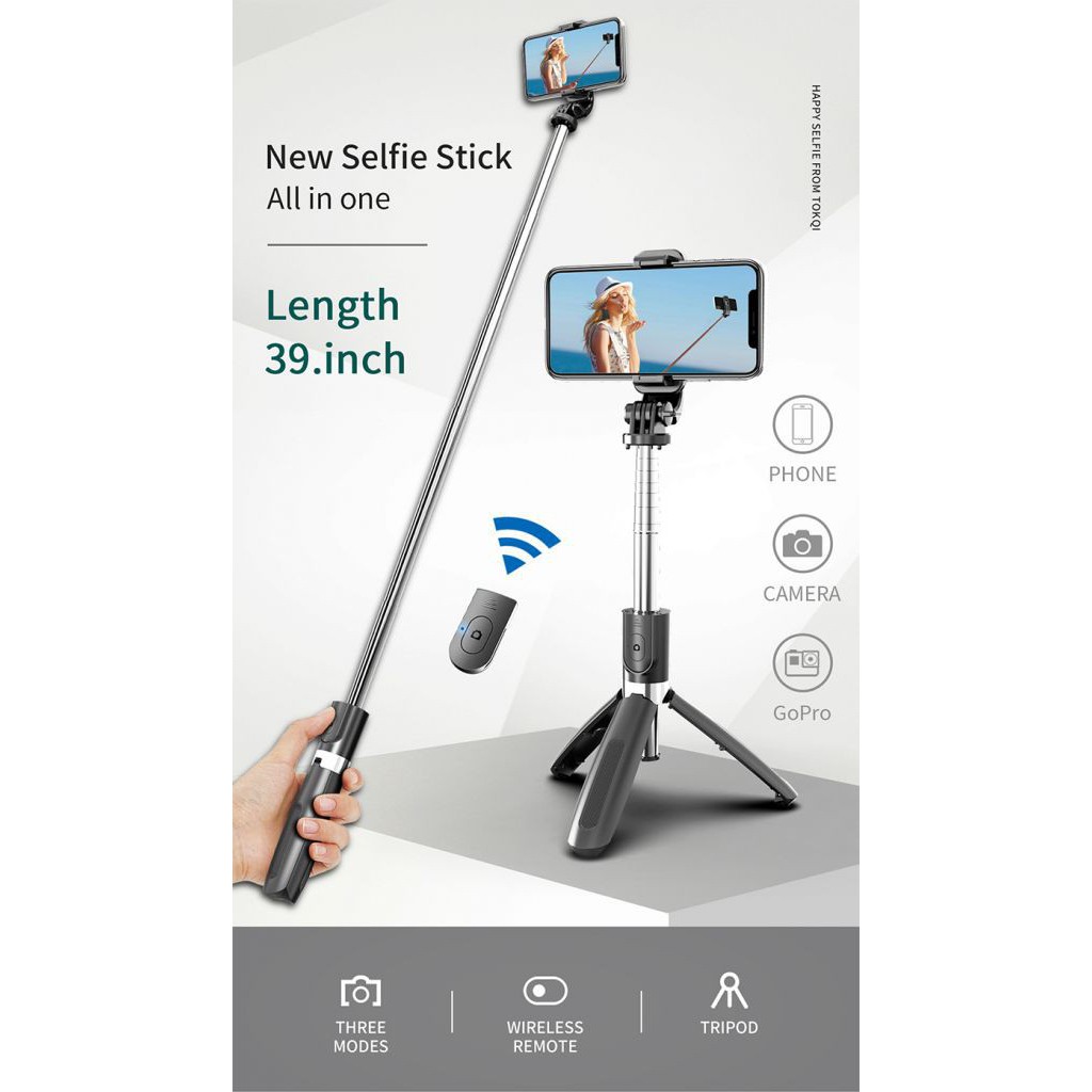 Gậy tự sướng có bluetooth điều khiển remote kiêm tripod 3 chân có giá kẹp điện thoại xoay 360 độ, Điều Khiển Từ Xa L02ST