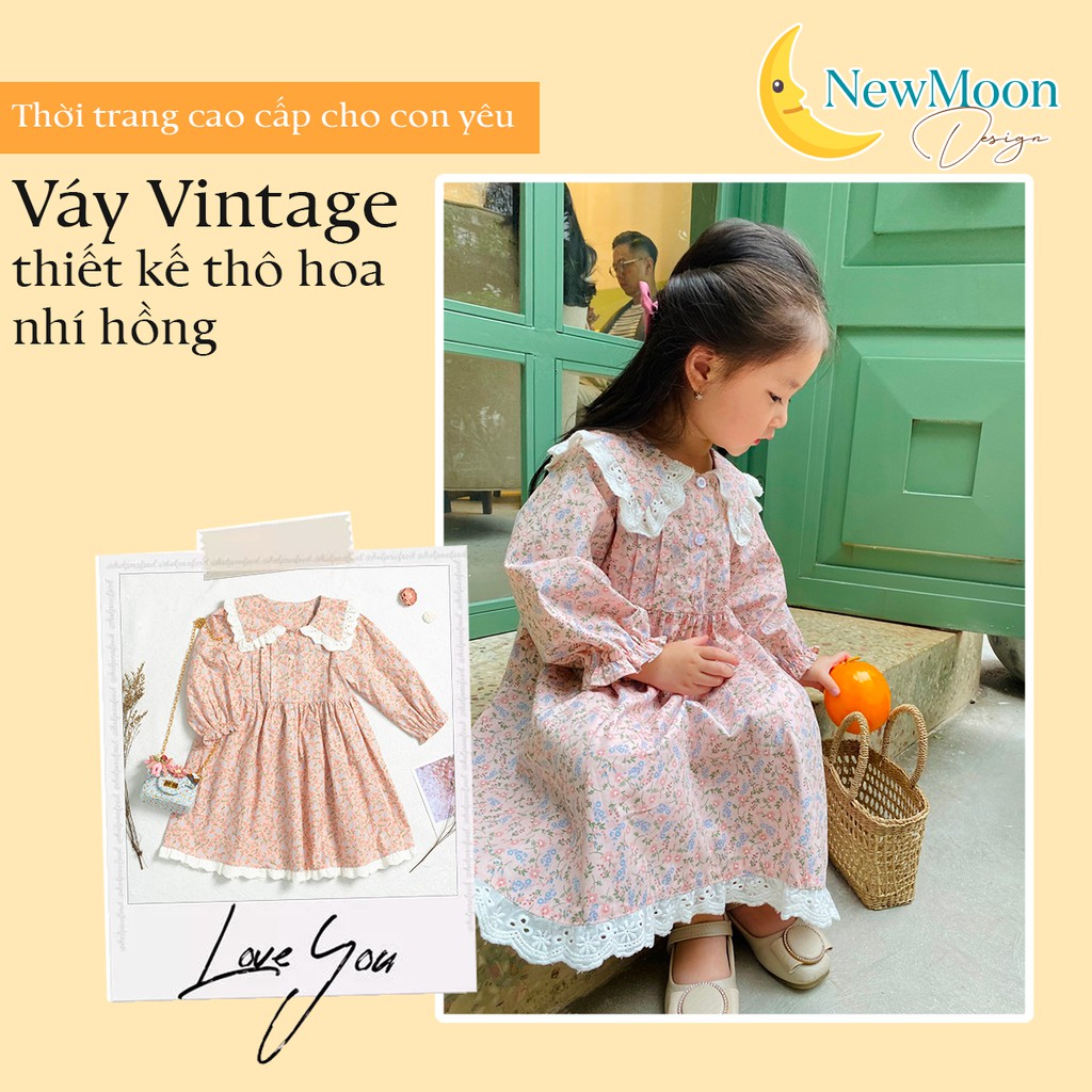 Váy cho bé thiết kế thô hoa nhí hồng Vintage, mẫu mới tinh cho mùa thu mát mẻ