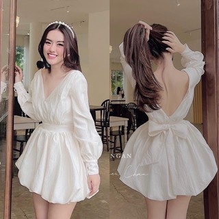 Đầm bí trắng cổ v nơ lưng